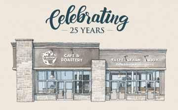 A gif file with confetti falling in front of a watercolour picture of our roastery and cafe.