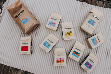 Small and large bags of coffee on a picnic blanket.