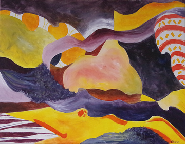 Abstract pattern painting with yellows, reds and purples by Madeline Felice-Adolph.