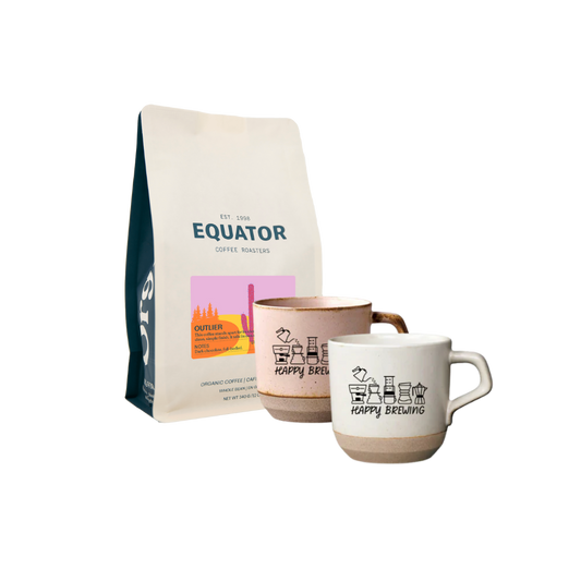 A white mug, pink mug with Happy Brewing on them, and a bag of Outlier.