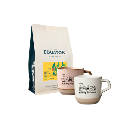 A bundle consisting of a bag of Sweet Justice coffee and two ceramic mugs, one white and one with a pink, displayed together