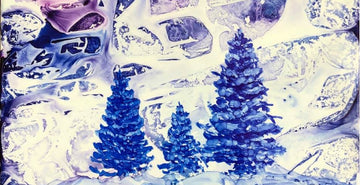 An oil painting of purple evergreen trees with a frosted look around them by Cheri Robitaille.