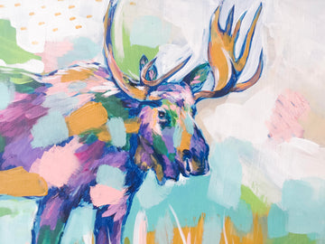 Painting of a patchwork moose by Sarah Jaynes