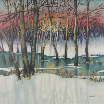 A painting of trees and snow at sunset by Anne Moore.