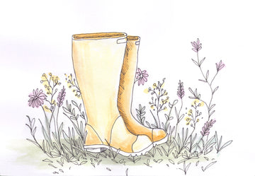 A drawing of boots surrounded by flowers by Lara Kelly