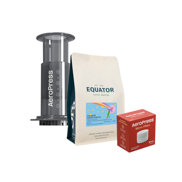 Aeropress Original brewer with a bag of coffee and a box of filters.