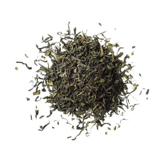 Scoop of Rishi's Jade Cloud loose leaf tea leaves.