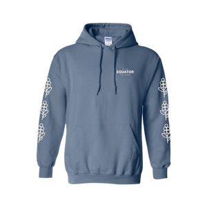 Indigo blue hoodie with coffee cherries on the arms.