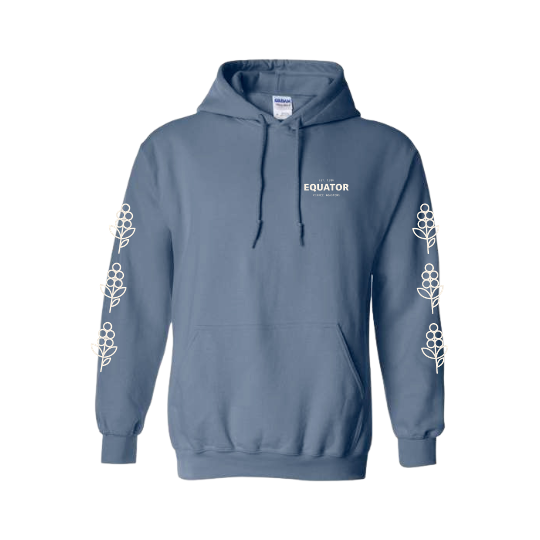 
                  
                  Load image into Gallery viewer, Indigo blue hoodie with coffee cherries on the arms.
                  
                  
