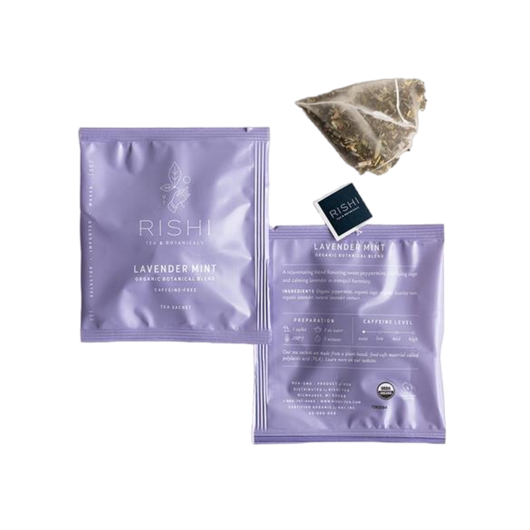 Organic lavender mint tea packages and tea bag.
