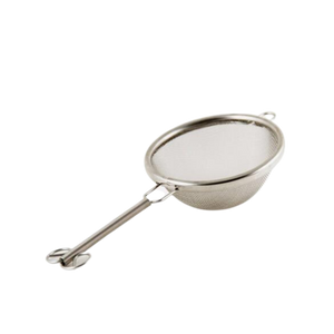 Small stainless steel sifter with a handle for sifting matcha powder.