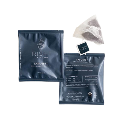 Two packages and a bag of Rishi earl grey tea