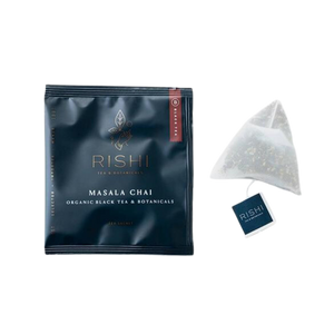Package and tea bag of Rishi Masala Chai tea.