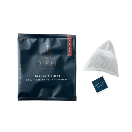 Package and tea bag of Rishi Masala Chai tea.