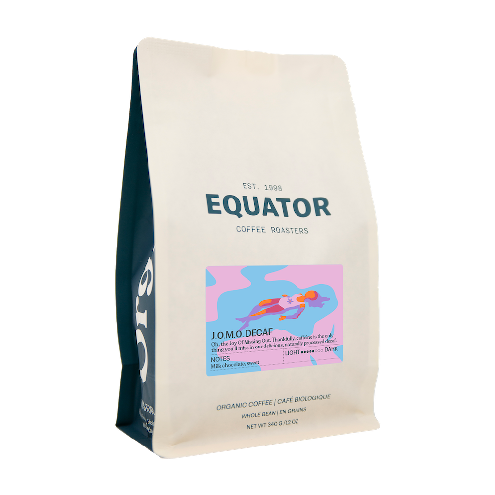 340g bag of organic, fair trade decaf coffee beans from Equator Coffee Roasters Inc. J.O.M.O. (joy of missing out)