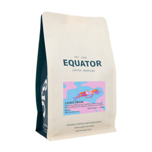 340g bag of organic, fair trade decaf coffee beans from Equator Coffee Roasters Inc. J.O.M.O. (joy of missing out)