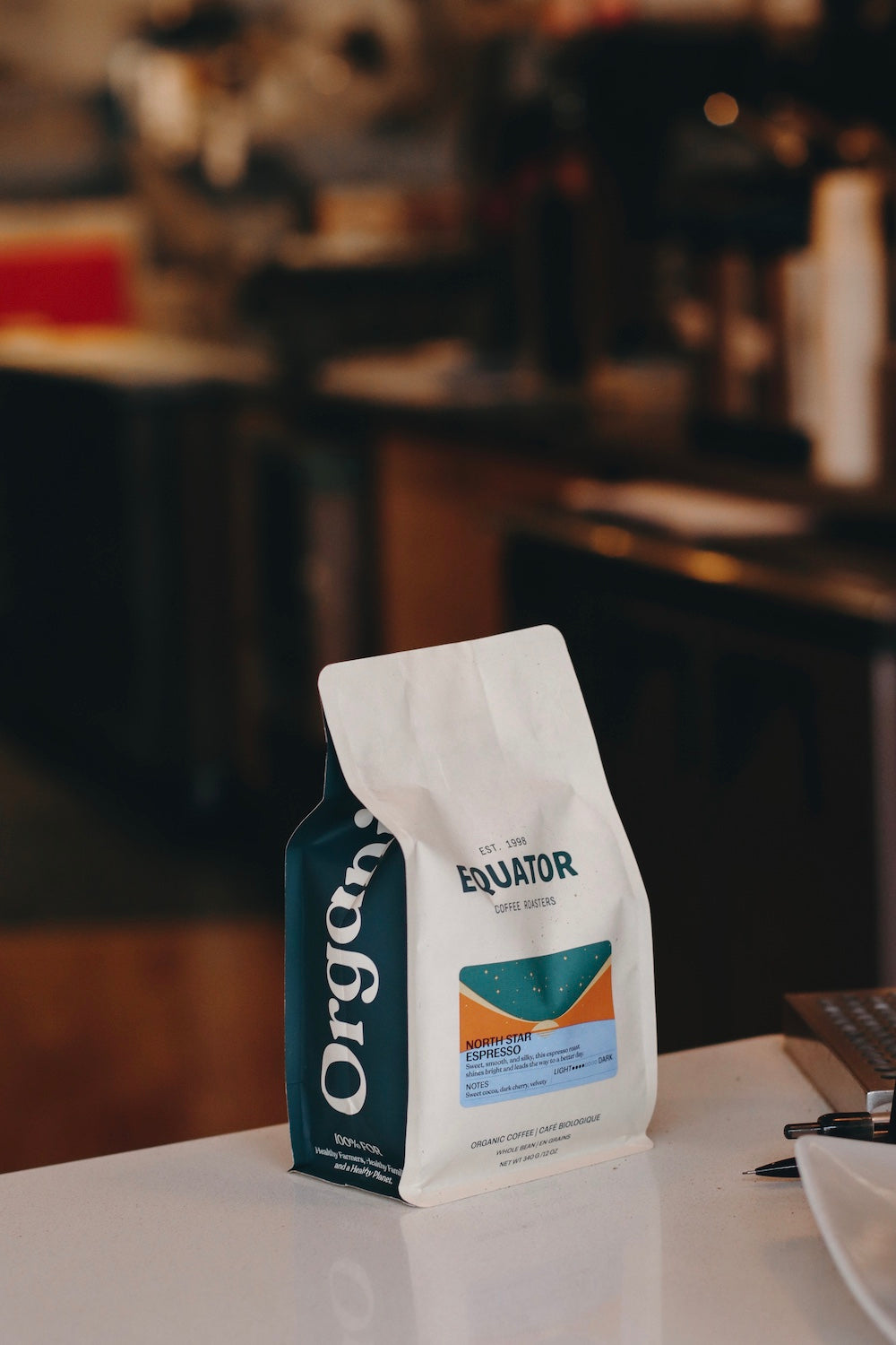 340g bag of North Star Espresso on a counter.